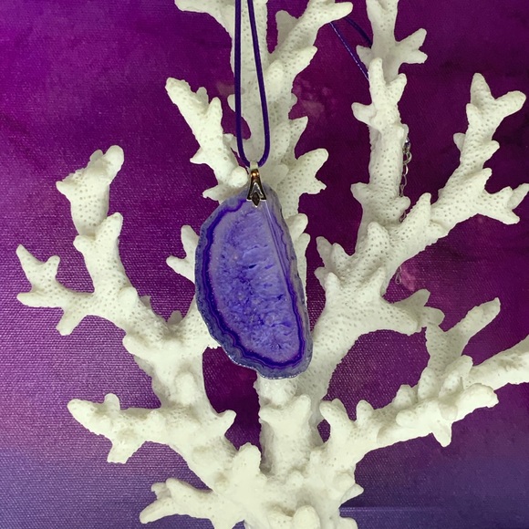 Purple Onyx Druzy Geode Agate Pendant Necklace on Waxed Cotton Cord Handmade - Picture 4 of 16